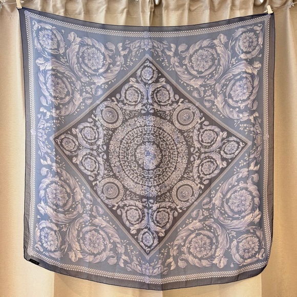 Versace 100% Silk Chiffon 52” Scarf Shawl in blue & lavender | Authentic, EUC - Picture 3 of 13